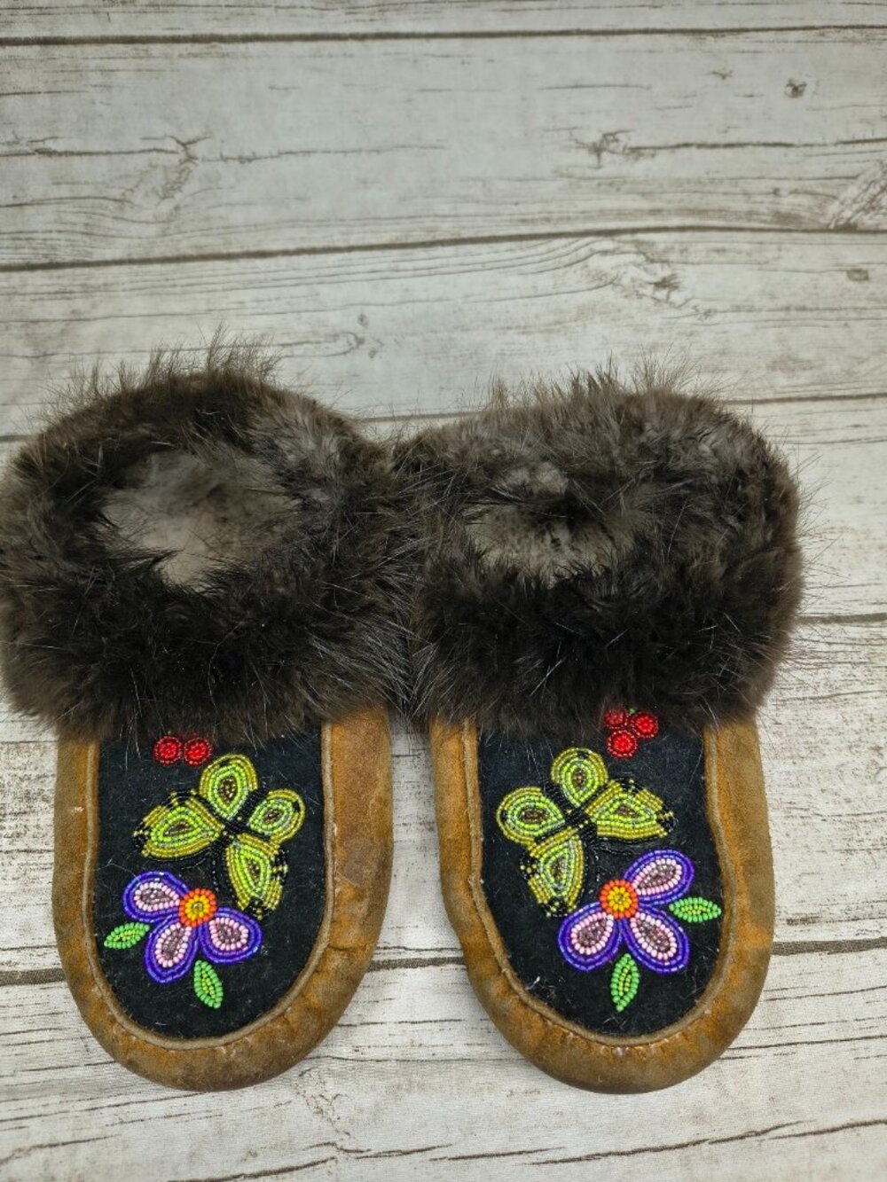 Native American Handmade Fur and Suede Beaded Butterfly Moccasins Slippers